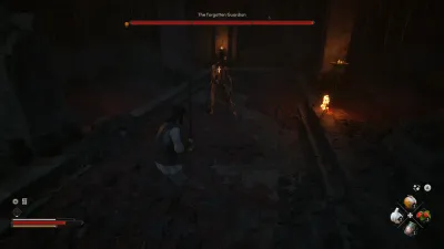 Coen facing the Forgotten Guardian in the ruins
